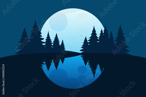 Serene night landscape with full moon over pine forest and reflection