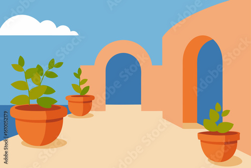 Terracotta pots with green plants on a sunny day by the sea