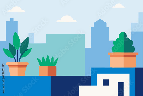 Urban balcony with potted plants overlooking city skyline