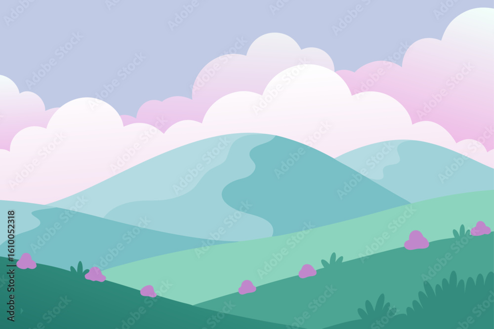 Fototapeta premium Pastel colored rolling hills and clouds in a flat design style