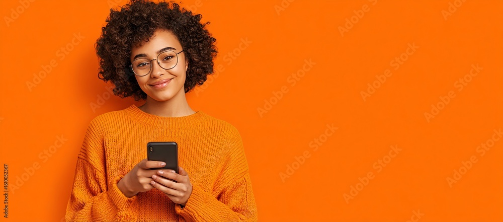 Stylish Individual in Orange Coat Holding Smartphone Against Matching Orange Background Stylish Individual in Orange Coat Holding Smartphone Against Matching Orange Background