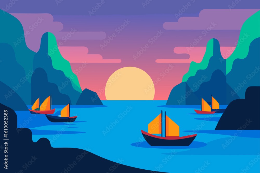 Naklejka premium Sailboats on the water at sunset with mountains in the background