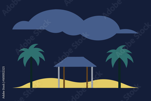 Tropical island scene with palm trees and a shelter under a dark cloud