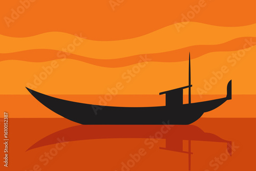 Silhouette of a boat on the water against a sunset sky