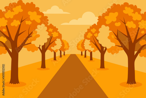 Avenue of trees with autumn foliage and a path leading into the distance