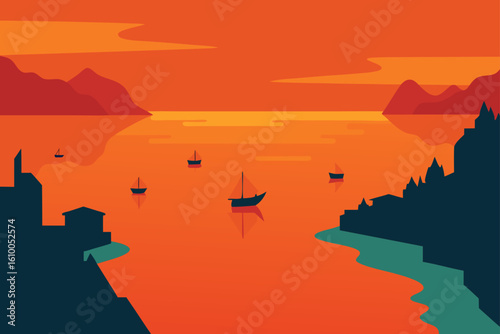Sailboats on a vibrant orange lake at sunset with distant mountains