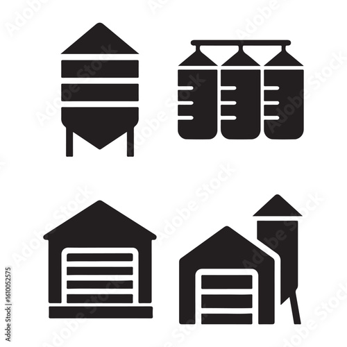 Agricultural Storage Silo and Barn Black Silhouette Vector Illustration Set