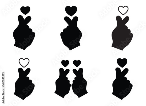 Expressing Love Finger Heart Hand Gesture Black Silhouette Illustration Set