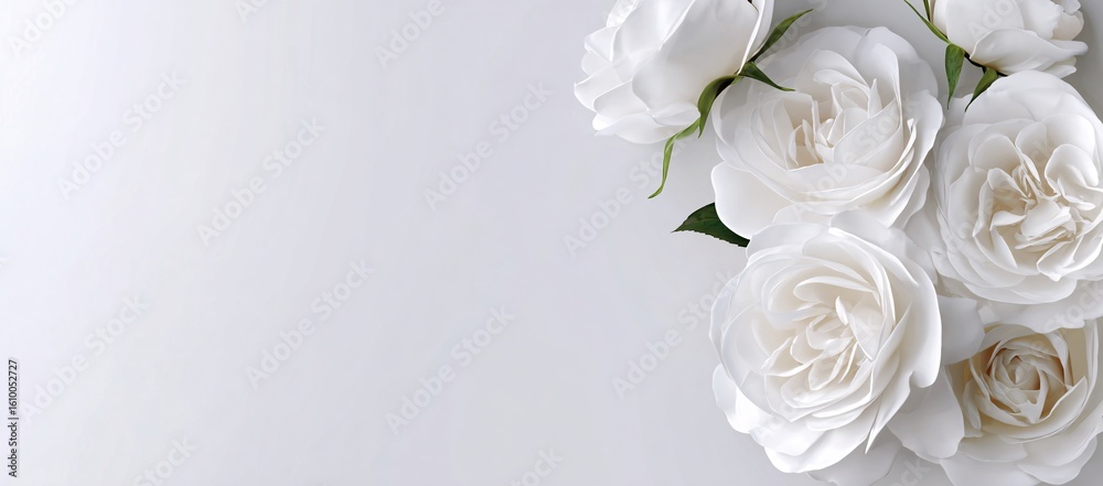 Obraz premium White Roses with Green Leaves Arranged Elegantly on a White Background