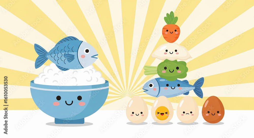 Fototapeta premium World Food Day Celebration with Cute and Happy Healthy Foods Illustration