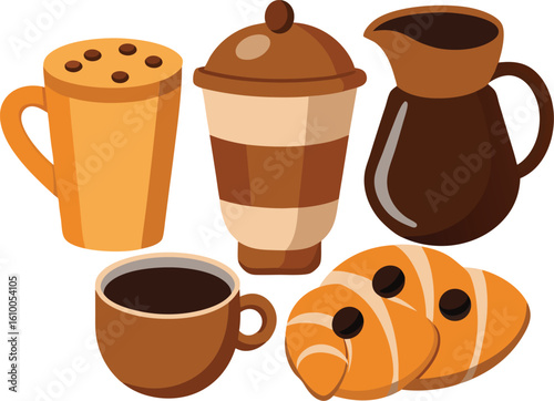 Coffee cup latte mug creamer jug and croissants with coffee beans breakfast morning