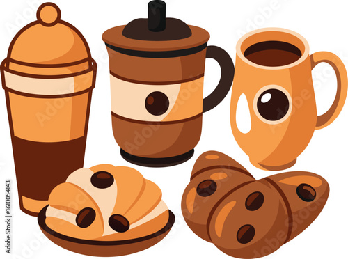 Coffee drinks and pastries with coffee beans on white background beverage hot drink