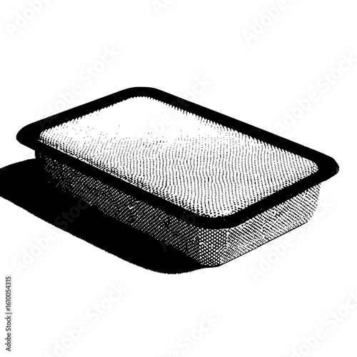A halftone illustration of a rectangular air filter with a black border sitting on a white surface