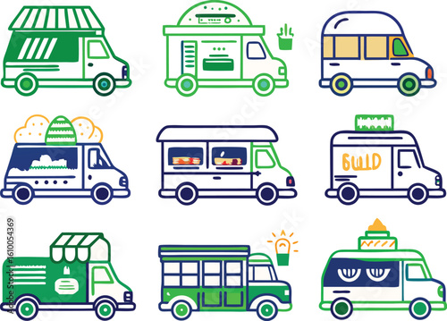 Collection of nine diverse food trucks in green blue yellow and white vehicle transportation