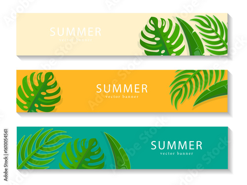 Summer banners set, Vector illustration. minimal flyer, brochure voucher template. Fashion monstera background