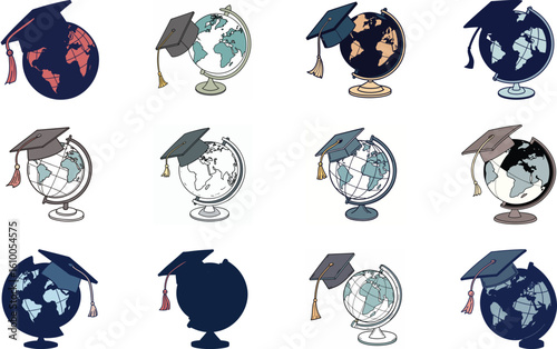 Collection of graduating globes depicting international education and global knowledge