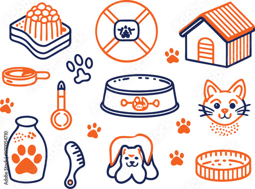 Orange and blue pet care icons including dog house food bowls and cat animal pet supplies