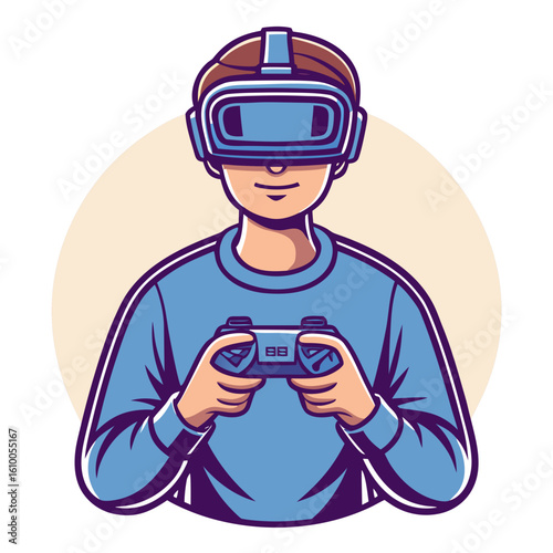 Immersive Gaming Experience: A young individual fully immersed in a virtual reality gaming experience, holding a controller and wearing a VR headset.