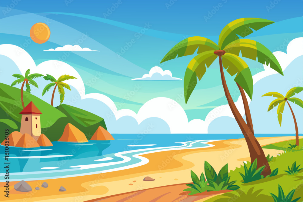Obraz premium This scenic coastal landscape features a tranquil shoreline surrounded by greenery and distant mountains, perfect for vacation, travel, and summer-themed designs. Ideal for web, print, or social media