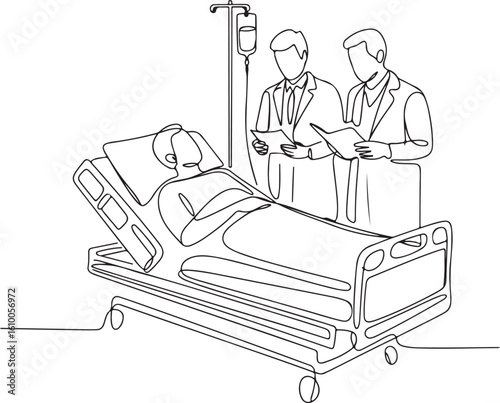 Doctors examining patient in hospital bed with iv drip vector