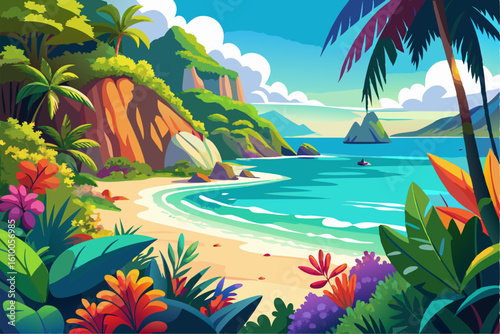 This scenic coastal landscape features a tranquil shoreline surrounded by greenery and distant mountains, perfect for vacation, travel, and summer-themed designs. Ideal for web, print, or social media