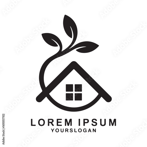 Minimalist black and white logo design featuring a house roof with a growing plant and windows