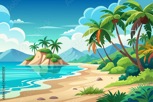 This scenic coastal landscape features a tranquil shoreline surrounded by greenery and distant mountains, perfect for vacation, travel, and summer-themed designs. Ideal for web, print, or social media