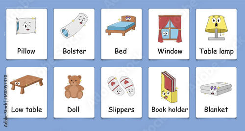 Vector printable flashcards set with cartoon household. Kids collection for learning english words