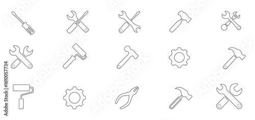 Assorted Hand Tools Collection Outline Style Vector Graphics