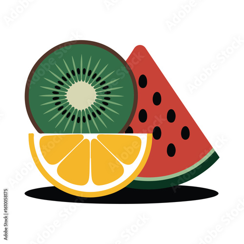 Vibrant fruit slices kiwi orange watermelon vector