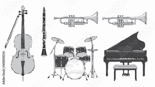 Collection of Musical Instruments Cello Clarinet Trumpet Drums and Piano.