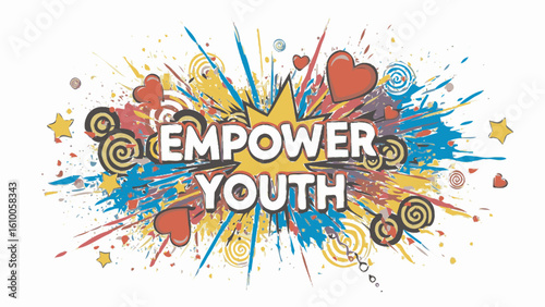 Colorful Empower Youth Text with Comic Elements.