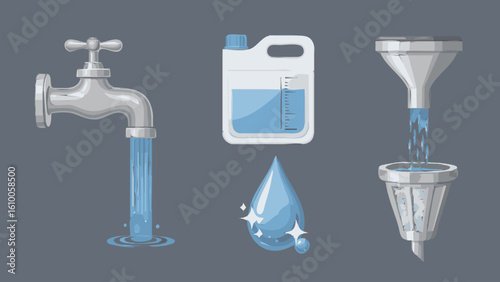 Illustrated set of water icons featuring a tap canister drop and filter funnel.