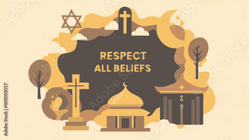 Respect All Beliefs Diverse Religious Symbols Illustration.