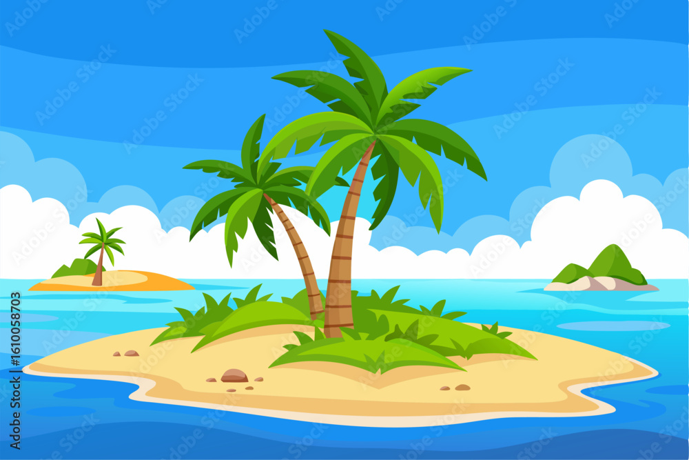 Obraz premium This scenic coastal landscape features a tranquil shoreline surrounded by greenery and distant mountains, perfect for vacation, travel, and summer-themed designs. Ideal for web, print, or social media