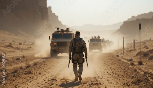 Desert Patrol: Soldier Walking Amidst Military Convoy