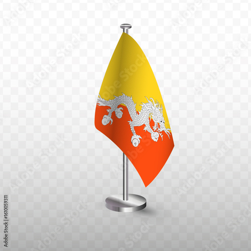 Flag of Bhutan. Vector illustration of a flag with flagpole on a transparent background