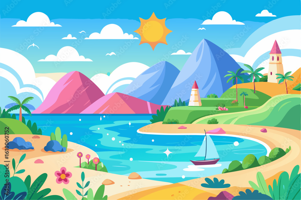 Fototapeta premium This scenic coastal landscape features a tranquil shoreline surrounded by greenery and distant mountains, perfect for vacation, travel, and summer-themed designs. Ideal for web, print, or social media