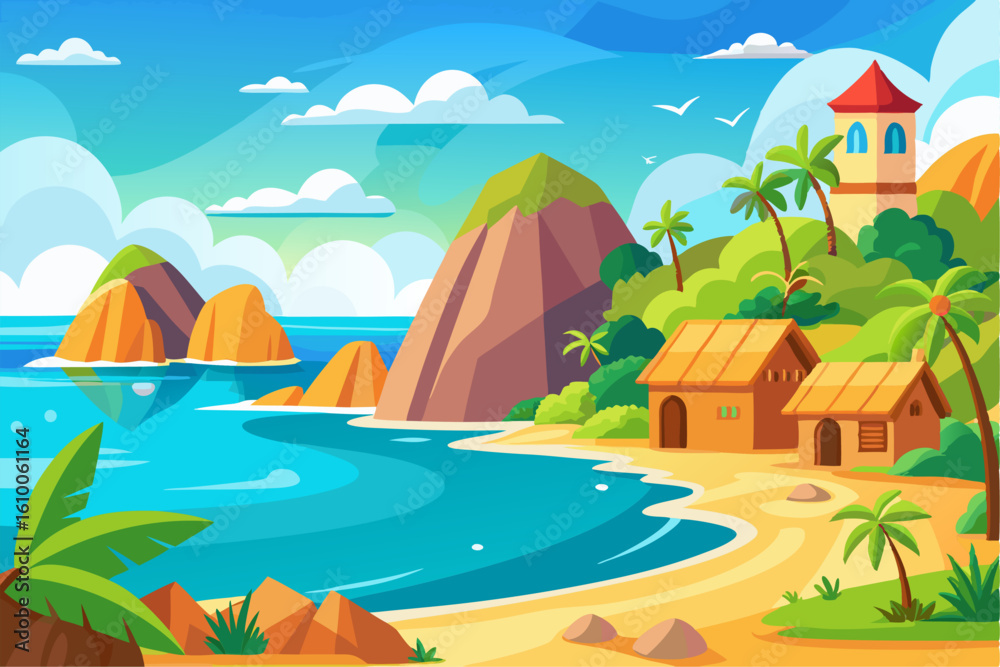Obraz premium This scenic coastal landscape features a tranquil shoreline surrounded by greenery and distant mountains, perfect for vacation, travel, and summer-themed designs. Ideal for web, print, or social media