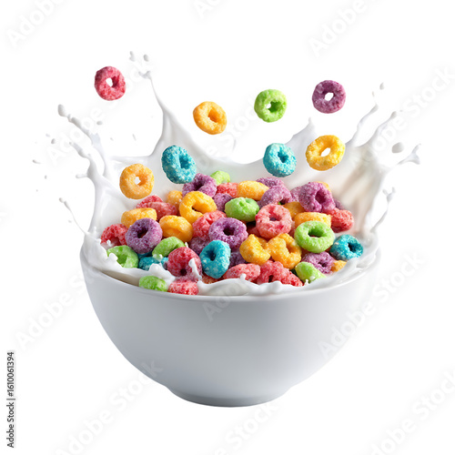 Colorful cereal rings splashing into milk in a bowl a delicious breakfast