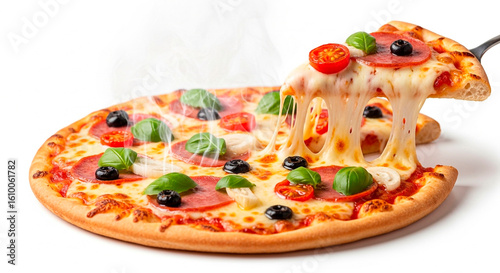 Close-up shot of a fresh pizza with a lifted slice