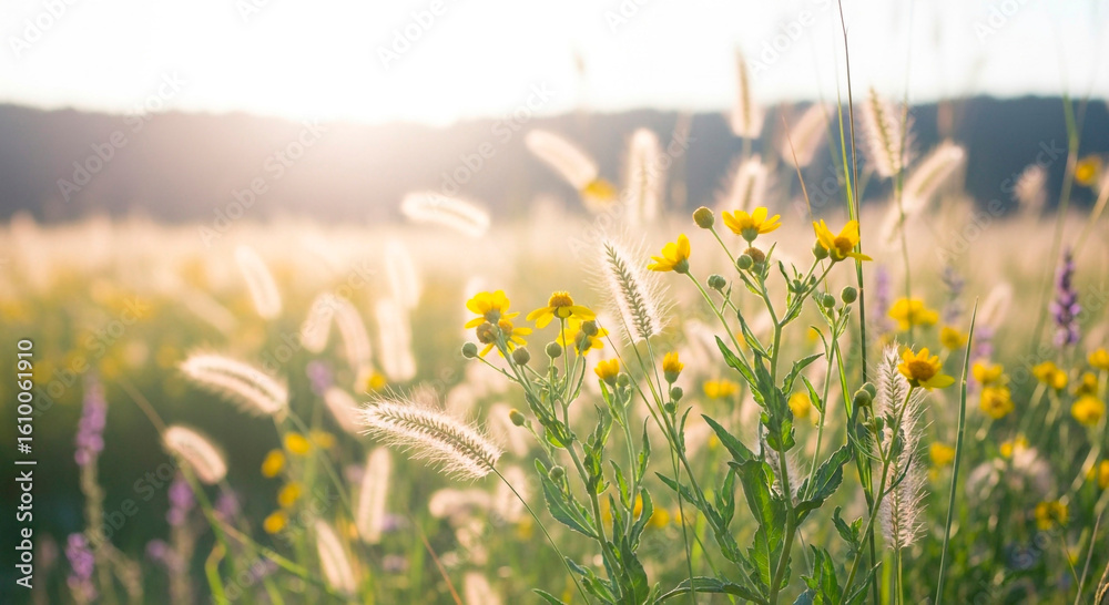 Obraz premium Sunlit Meadow with Wildflowers and Tall Grasses