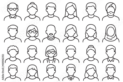 A set of minimalist line art portraits representing a range of individuals, including men and women of various cultural backgrounds and styles
