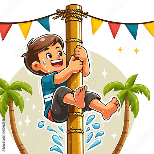 Sweaty cartoon boy climbing a greased pole (panjat pinang) with palm trees