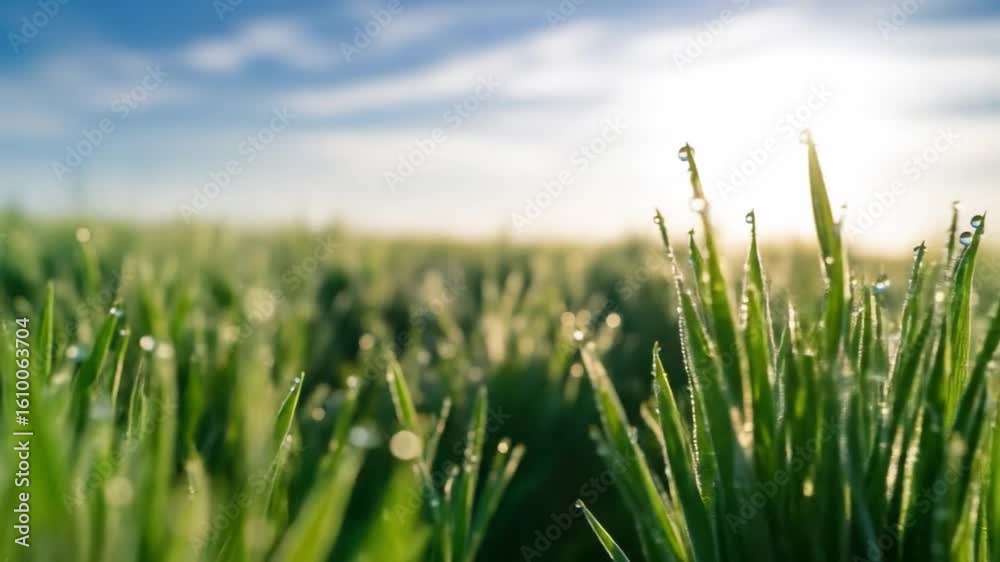 Morning Dew on a Field of Green Grass Blades, Gentle Sunlight, Serene Atmosphere Morning Dew on a Field of Green Grass Blades, Gentle Sunlight, Serene Atmosphere