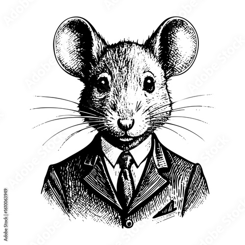mouse wearing suit engraving sketch engraving black and white outline. Scratch board imitation.  illustrated in vintage line art style on a white background.