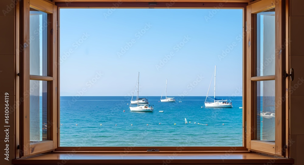 Obraz premium Blue Sea, Sky, and Sailboats: White Sails Decorate Vast Sea, Outlining a Fresh Sailing Scene