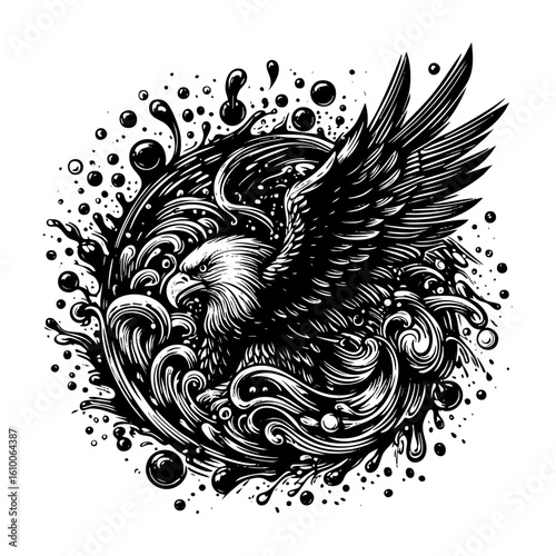 eagle flying in ink style sketch engraving black and white outline. Scratch board imitation.