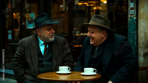 Two men laughing outdoors at a cafe table.