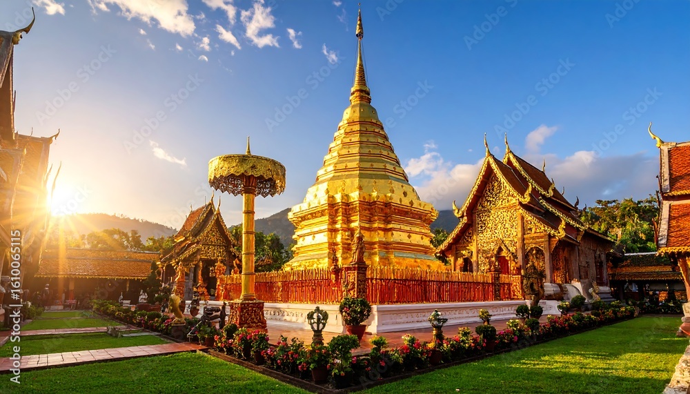 Naklejka premium Golden temple at sunrise. Lush gardens, serene atmosphere